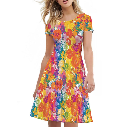 Women Scoop Neck Short Sleeve Ruffle Dress