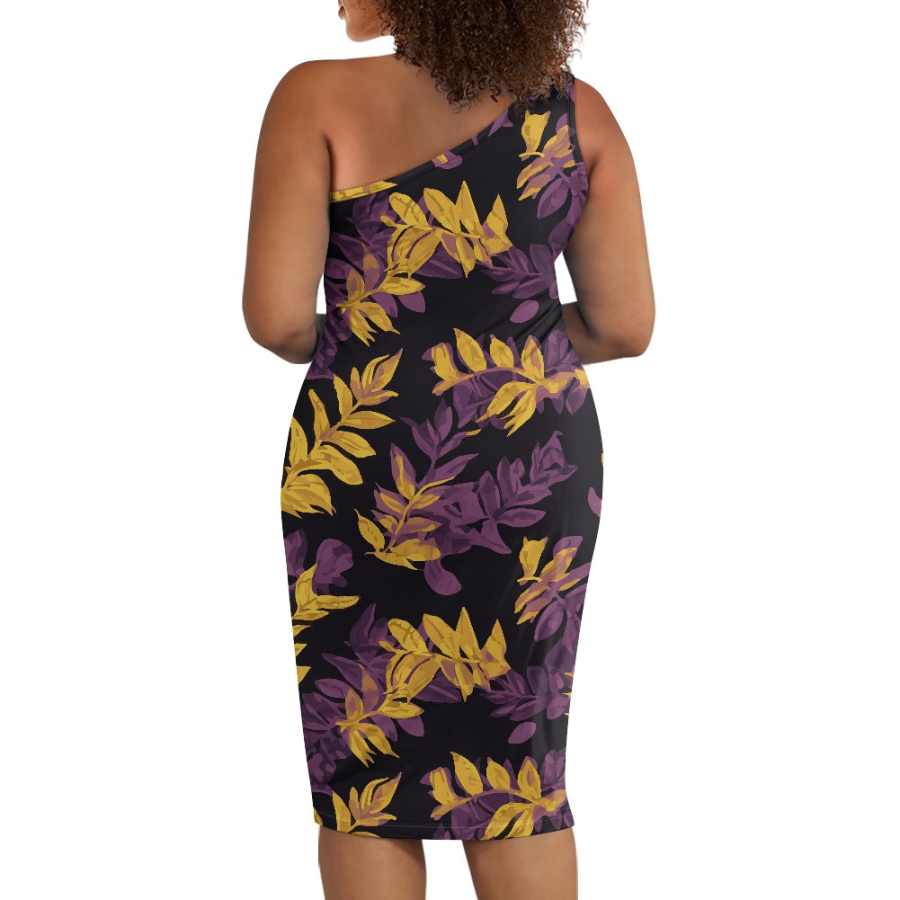 Discover Elegance: Luxtrini's One-Shoulder Slim Dress - Gold & Purple Tropical