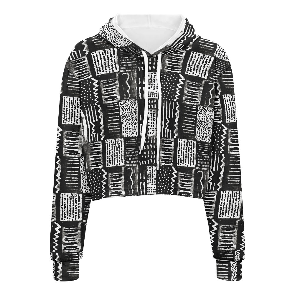 Women's midriff-baring sweatshirt - Ethnic Mudcloth white