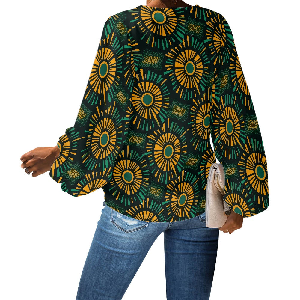African Kente Ethnic V-Neck Chiffon Puff Sleeve Blouse by Luxtrini