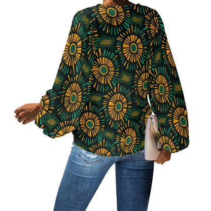 African Kente Ethnic V-Neck Chiffon Puff Sleeve Blouse by Luxtrini