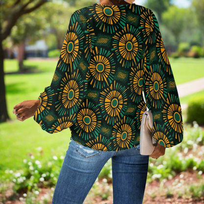 African Kente Ethnic V-Neck Chiffon Puff Sleeve Blouse by Luxtrini
