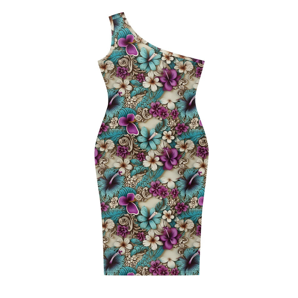 Discover Elegance: Luxtrini's One-Shoulder Slim Dress - Floral Blue white