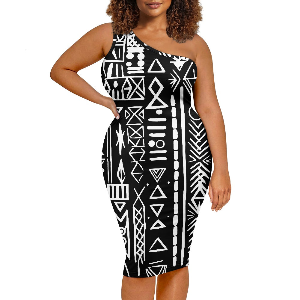 Discover Elegance: Luxtrini's One-Shoulder Slim Dress - B&W Ethnic