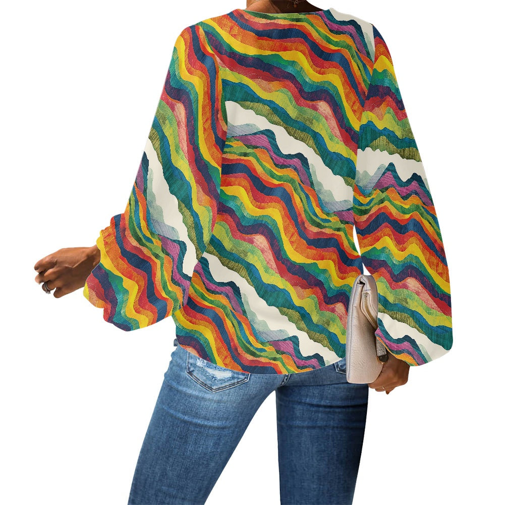 V-Neck Chiffon Puff Sleeve Blouse by Luxtrini