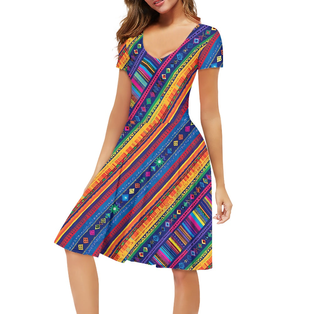 Women V-Neck Short Sleeve Ruffle Dress