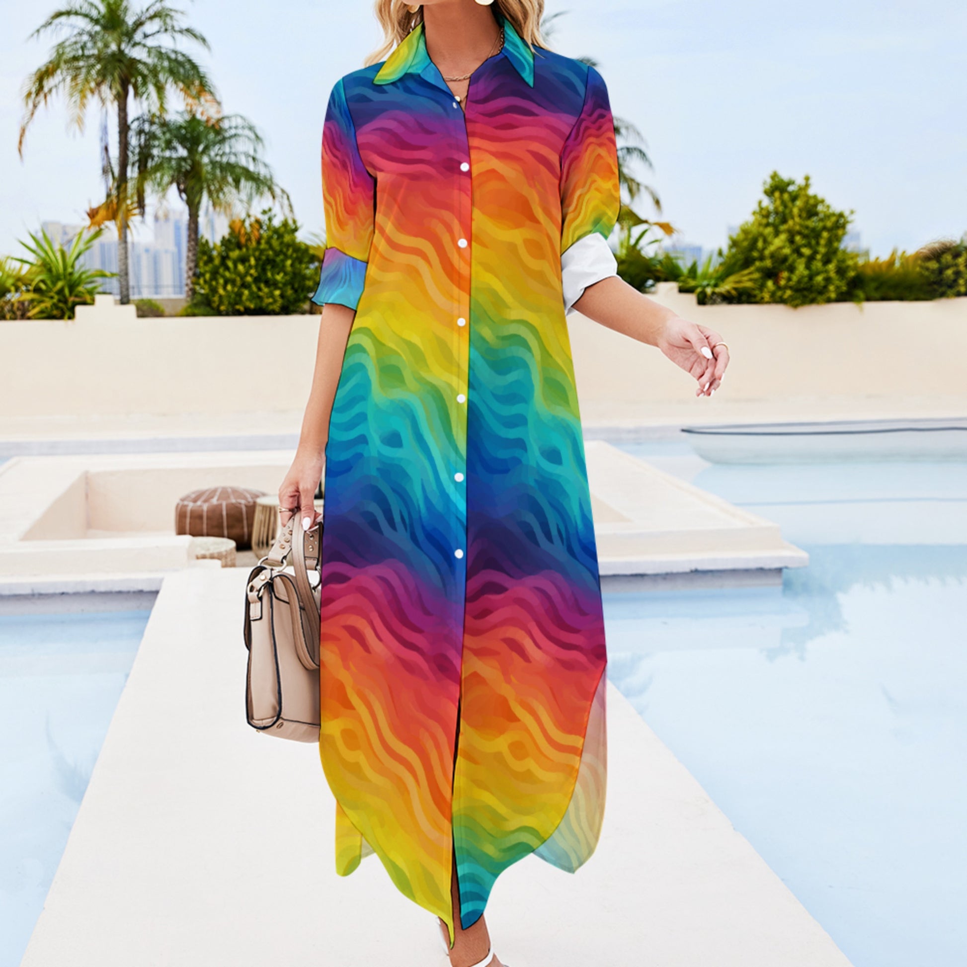 Rainbow Wave Midi Shirt Dress – Bold Abstract Print Long Sleeve Button Down Dress, Lightweight &amp; Flowy for Work, Travel, and Everyday Style