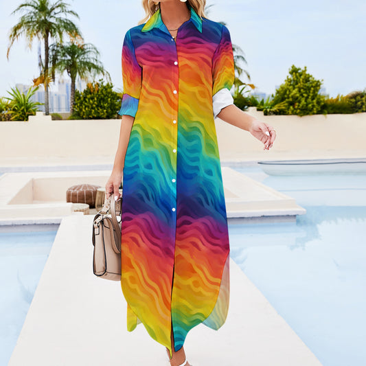 Rainbow Wave Midi Shirt Dress – Bold Abstract Print Long Sleeve Button Down Dress, Lightweight &amp; Flowy for Work, Travel, and Everyday Style