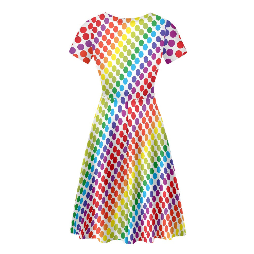 Rainbow Polka Dot Women Scoop Neck Short Sleeve Ruffle Dress