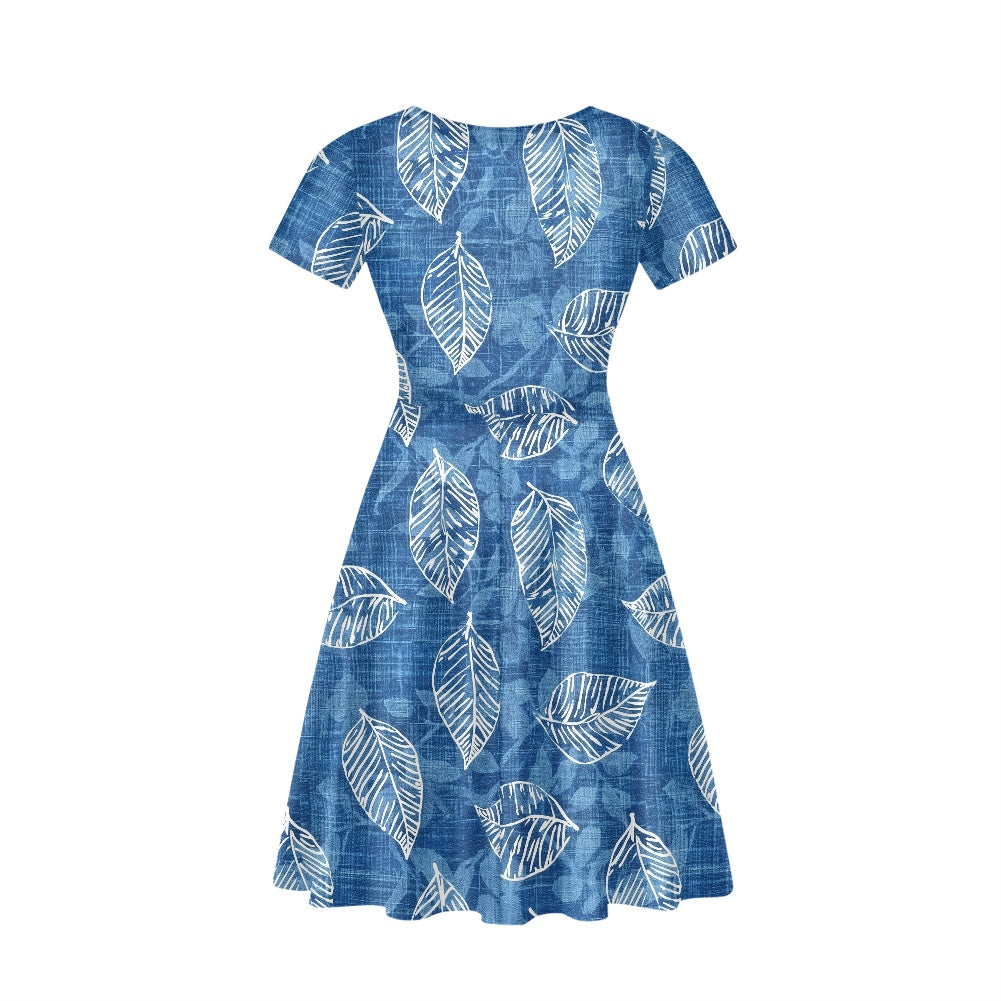Blue Leaves Women V-Neck Short Sleeve Ruffle Dress