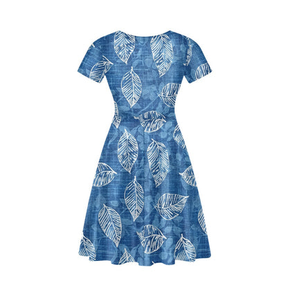 Blue Leaves Women V-Neck Short Sleeve Ruffle Dress