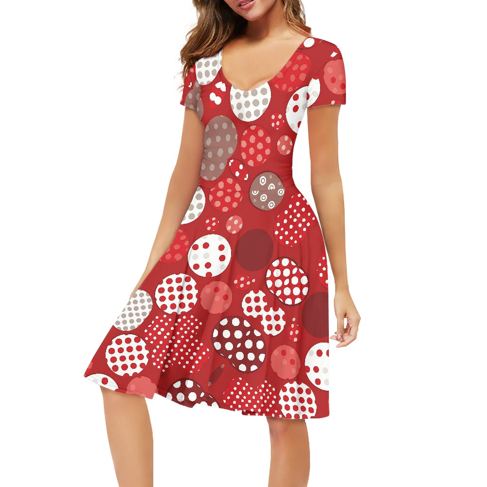 Retro Polka Dot Red Fit & Flare V-Neck Dress – Vintage-Inspired Party Dress