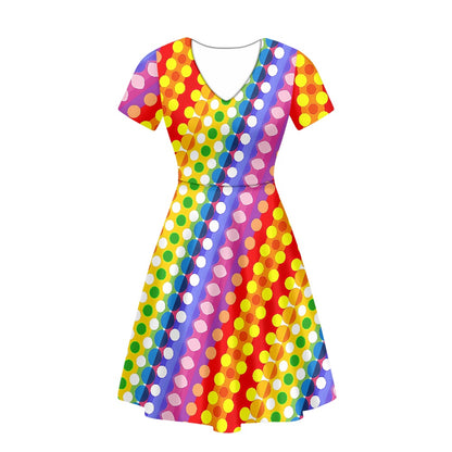 Rainbow Polka Dot Women V-Neck Short Sleeve Ruffle Dress white