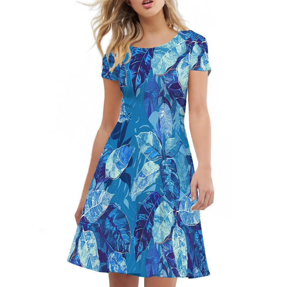 Luxtrini Womens Scoop Neck Short Sleeve Ruffle Dress with Nature-Inspired Ethnic Patterns - Custom Handmade, Versatile for All Occasions