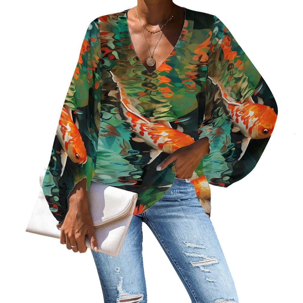 V-Neck Puff Sleeve Chiffon Blouse white