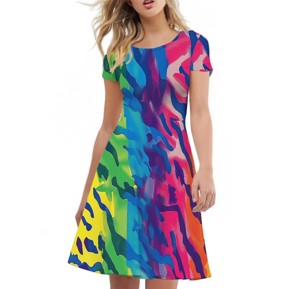 Women Scoop Neck Short Sleeve Ruffle Dress