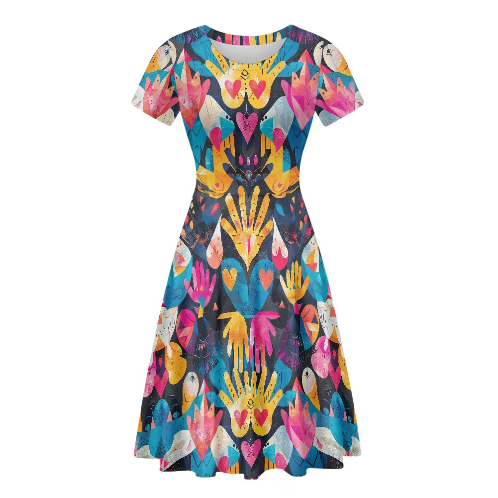Women Scoop Neck Short Sleeve Ruffle Dress white