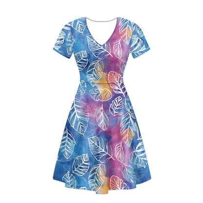 Blue and Purple Leaves Women V-Neck Short Sleeve Ruffle Dress white