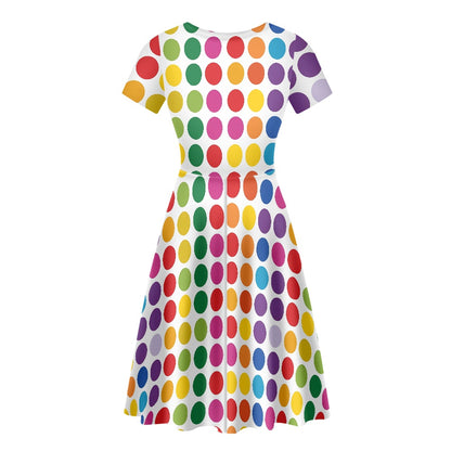 Rainbow Polka Dot Women Scoop Neck Short Sleeve Ruffle Dress