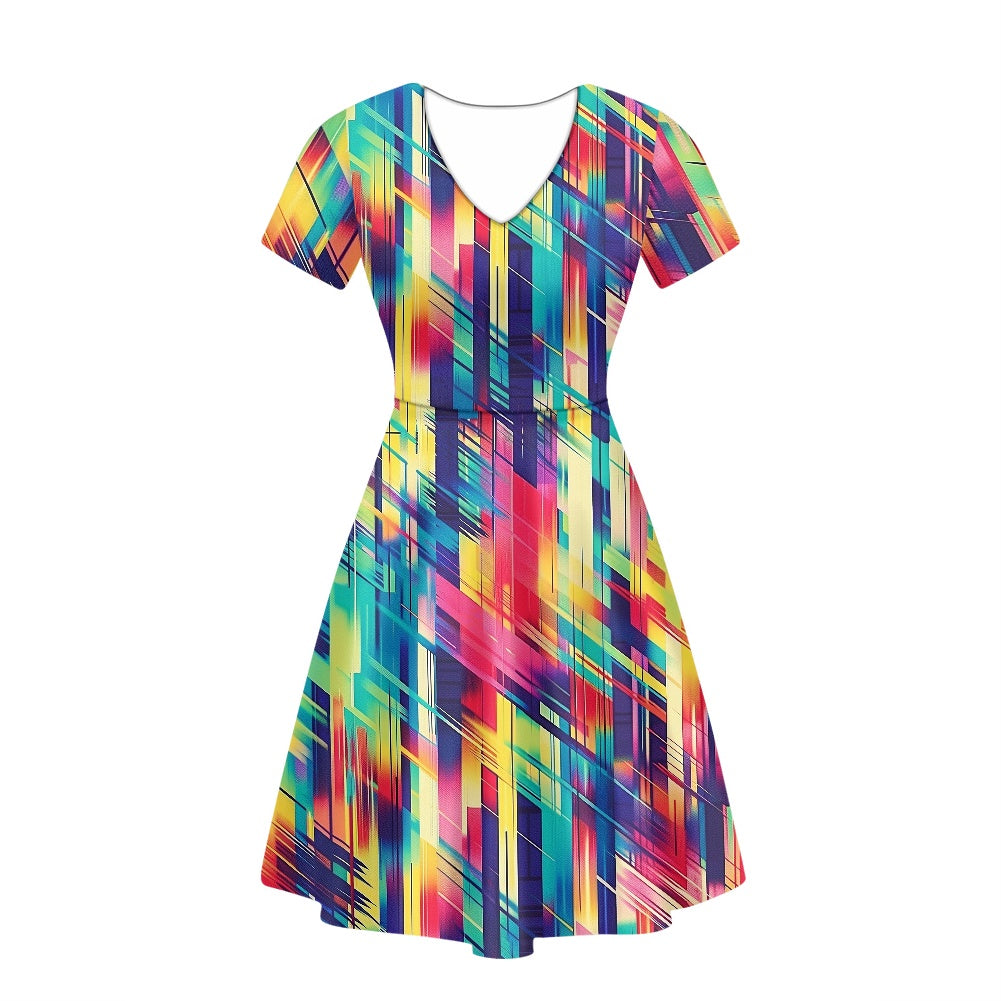 Rainbow Glitch Women V-Neck Short Sleeve Ruffle Dress white
