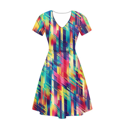 Rainbow Glitch Women V-Neck Short Sleeve Ruffle Dress white