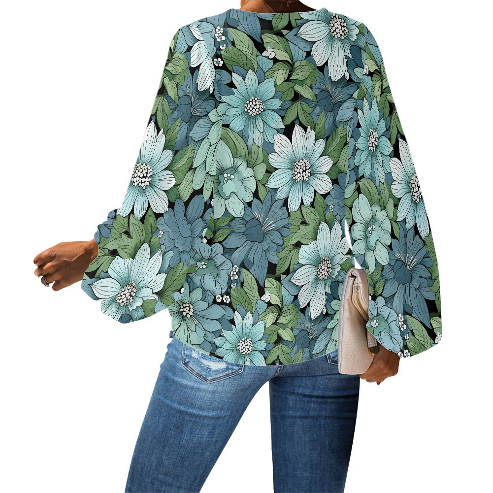 V-Neck Puff Sleeve Chiffon Blouse