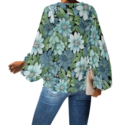 V-Neck Puff Sleeve Chiffon Blouse