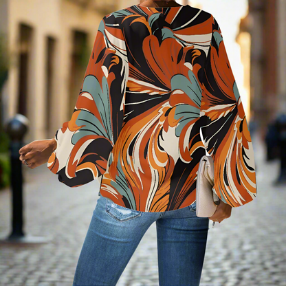 Swirling Orange and Blue Abstract V-Neck Chiffon Puff Sleeve Blouse by Luxtrini