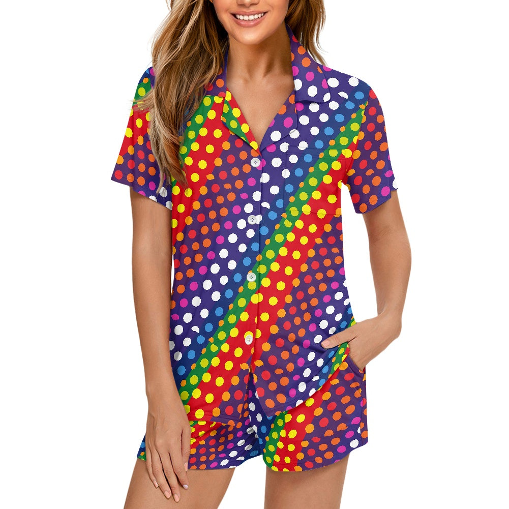 Women’s Short Sleeve Pajama Set – Rainbow Polka Dot Print with Pockets