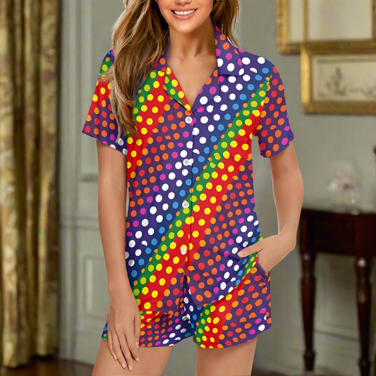 Women’s Short Sleeve Pajama Set – Rainbow Polka Dot Print with Pockets