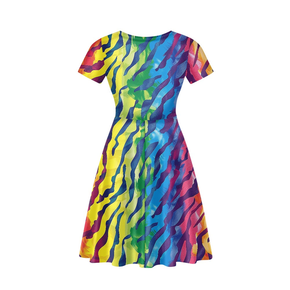 Rainbow Animal Skin Women V-Neck Short Sleeve Ruffle Dress