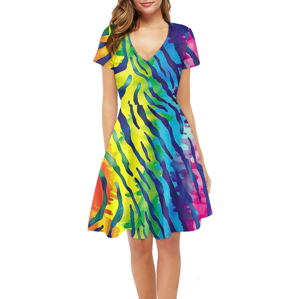 Rainbow Animal Print Women V-Neck Short Sleeve Ruffle Dress