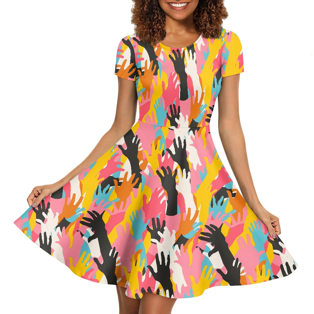 Handprint Scoop Neck Ruffle Dress | LGBTQ+ Pride | Short Sleeve Women’s Casual Dress