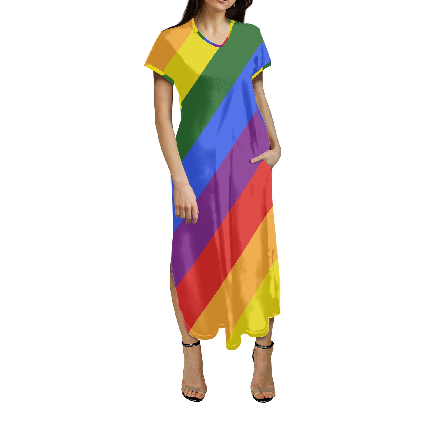 Rainbow Short-Sleeved Slit Dress - V-Neck, Ankle-Length, Perfect for Summer Parties and Vacations