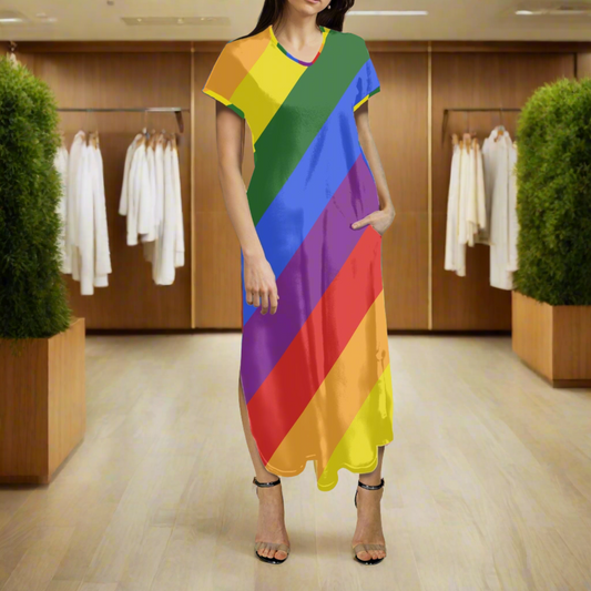 Rainbow Short-Sleeved Slit Dress - V-Neck, Ankle-Length, Perfect for Summer Parties and Vacations