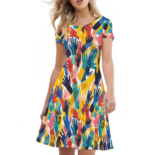 Women Scoop Neck Short Sleeve Ruffle Dress