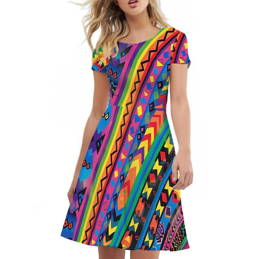 Women Scoop Neck Short Sleeve Ruffle Dress
