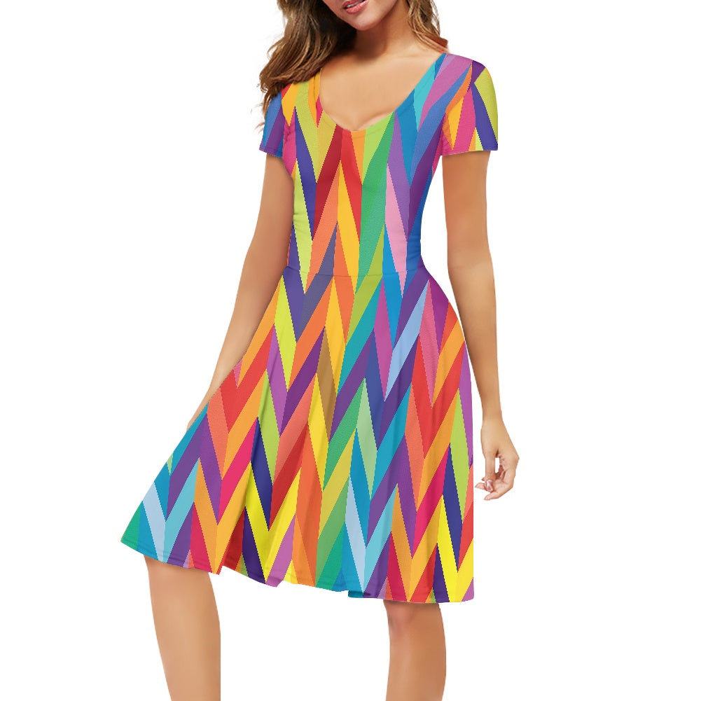 Rainbow Chevrons Women V-Neck Short Sleeve Ruffle Dress