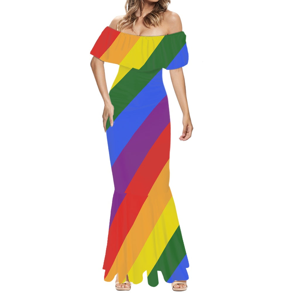 Rainbow Off shoulder fishtail dress white