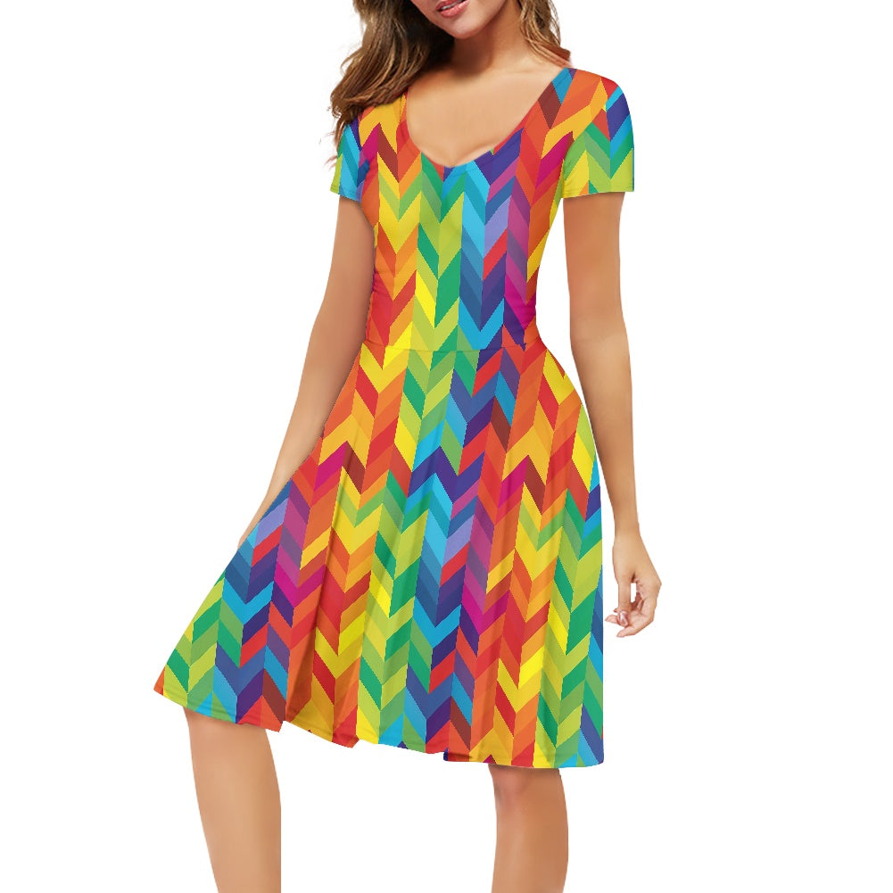 Rainbow Chevron Women V-Neck Short Sleeve Ruffle Dress