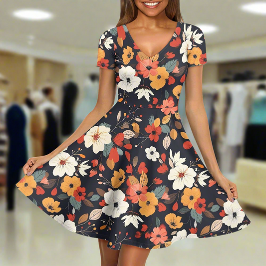 Floral Women V-Neck Short Sleeve Ruffle Dress