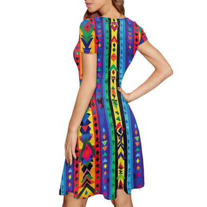 Women Scoop Neck Short Sleeve Ruffle Dress
