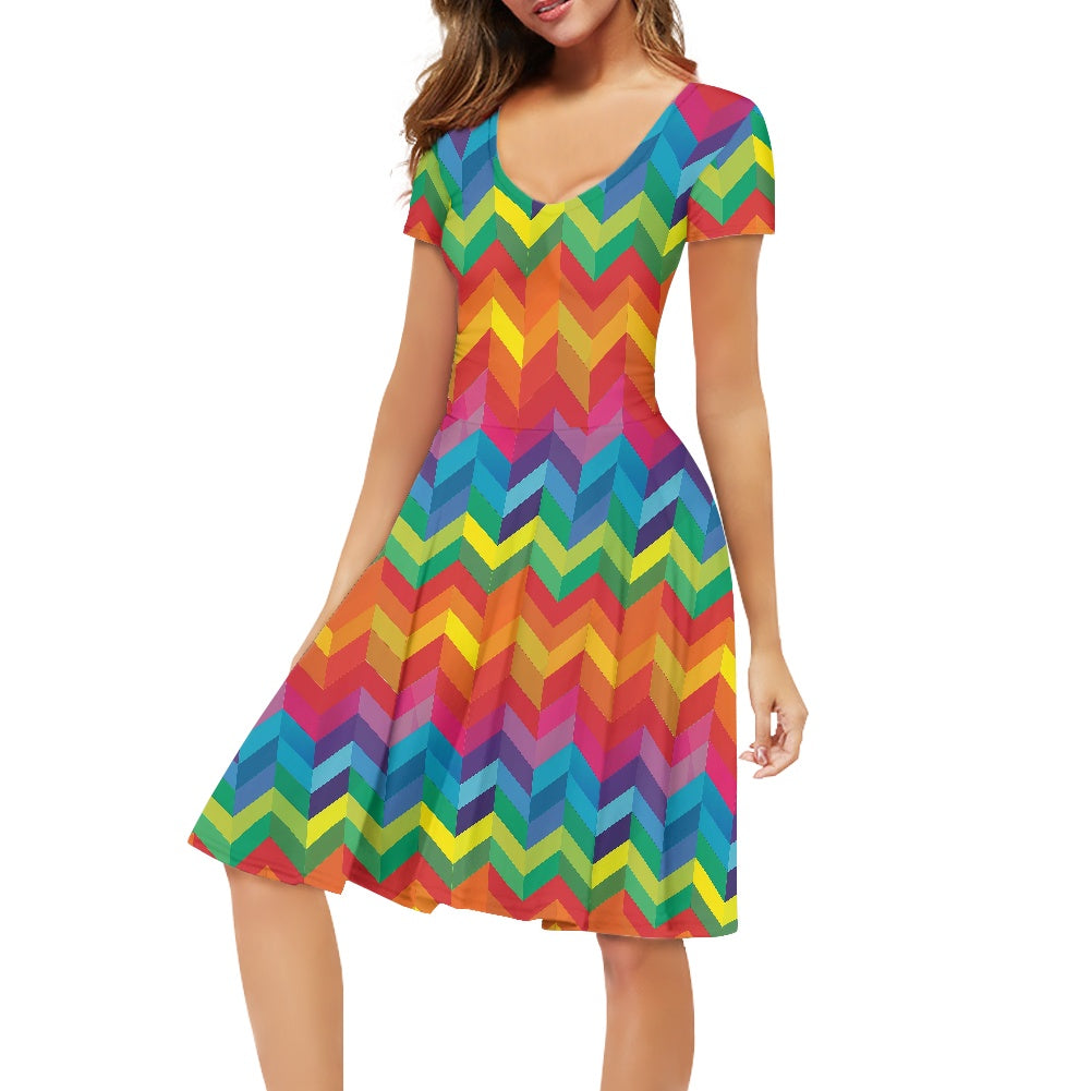Rainbow Chevron Women V-Neck Short Sleeve Ruffle Dress