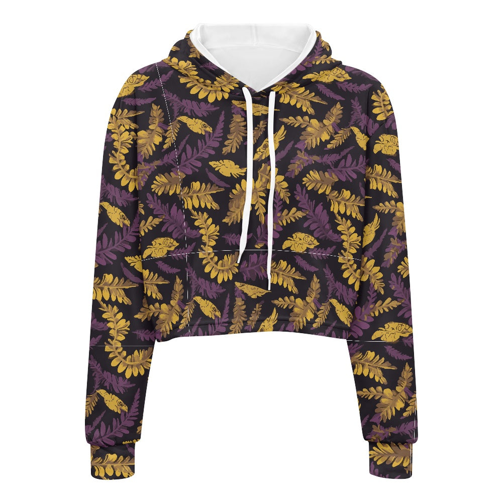 Women's midriff-baring sweatshirt - Purple & Gold Tropical white