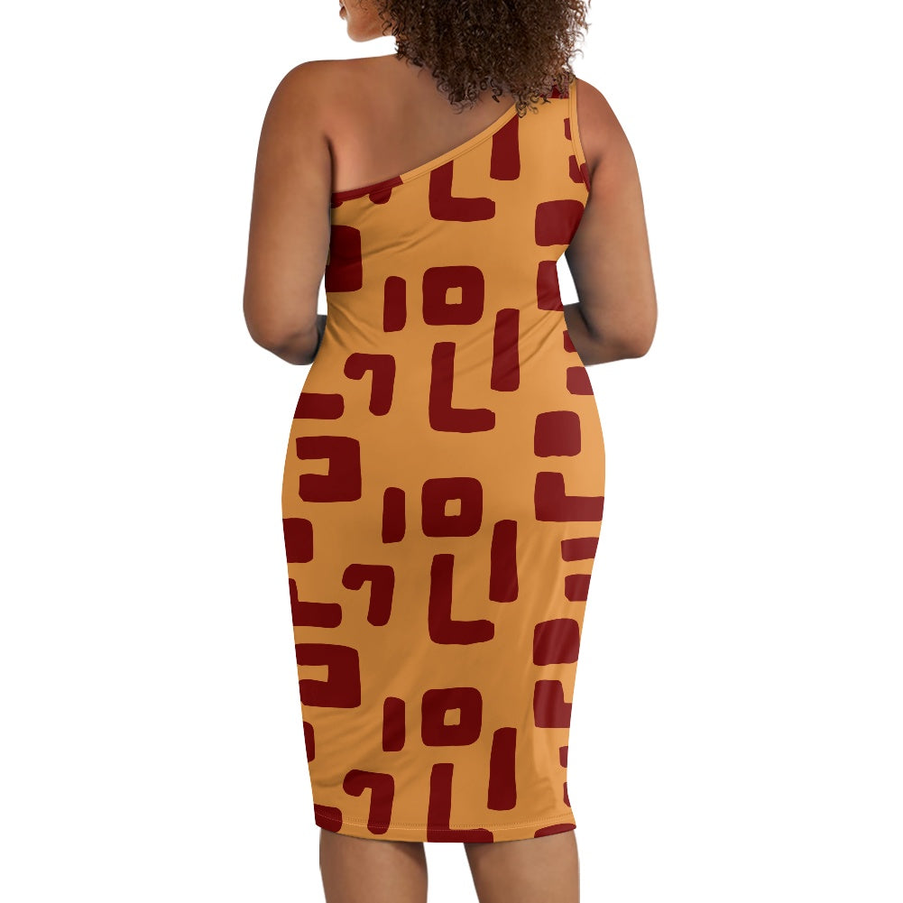 Discover Elegance: Luxtrini's One-Shoulder Slim Dress - Mudcloth Orange