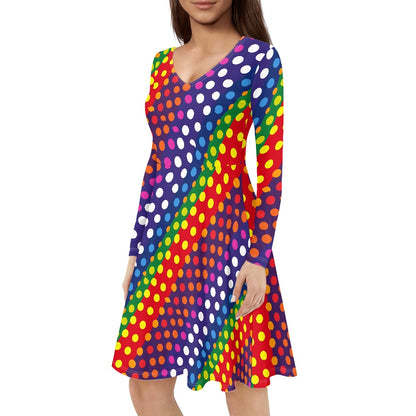 LGBTQ-Friendly Rainbow Polka Dot V-Neck Long Sleeve Ruffle Dress by Luxtrini