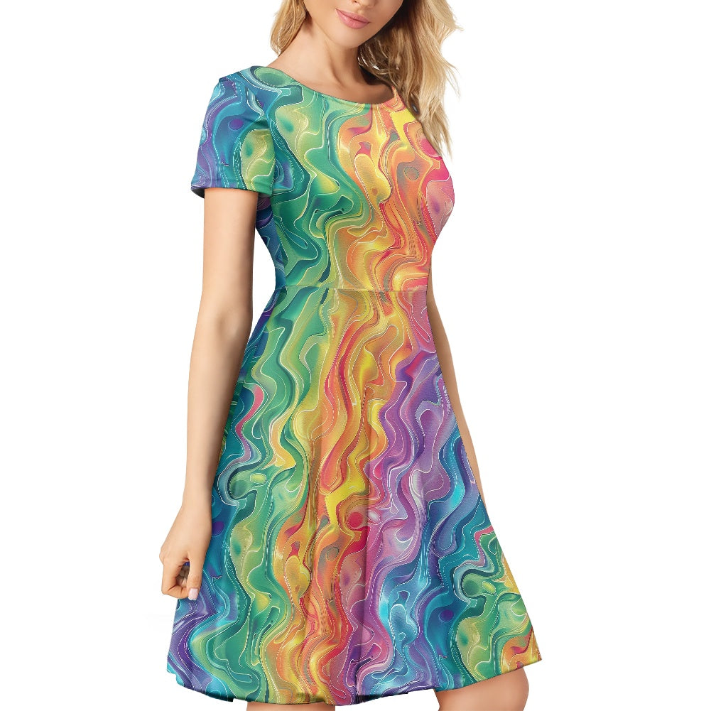 Women Scoop Neck Short Sleeve Ruffle Dress