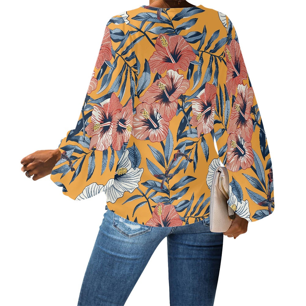 V-Neck Chiffon Puff Sleeve Blouse by Luxtrini