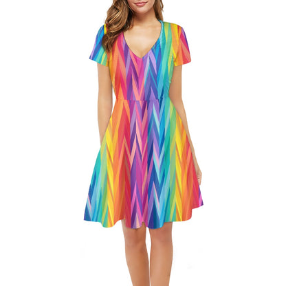 Rainbow Chevrons Women V-Neck Short Sleeve Ruffle Dress