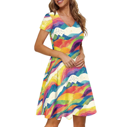 Women V-Neck Short Sleeve Ruffle Dress